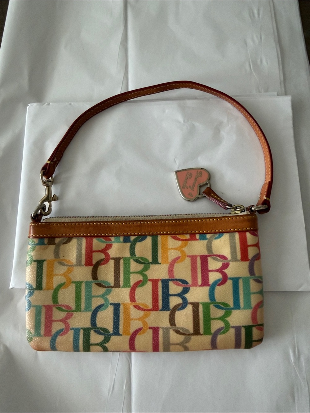 Dooney & Bourke Multicolor Signature Logo Wristlet with Brown Leather Strap